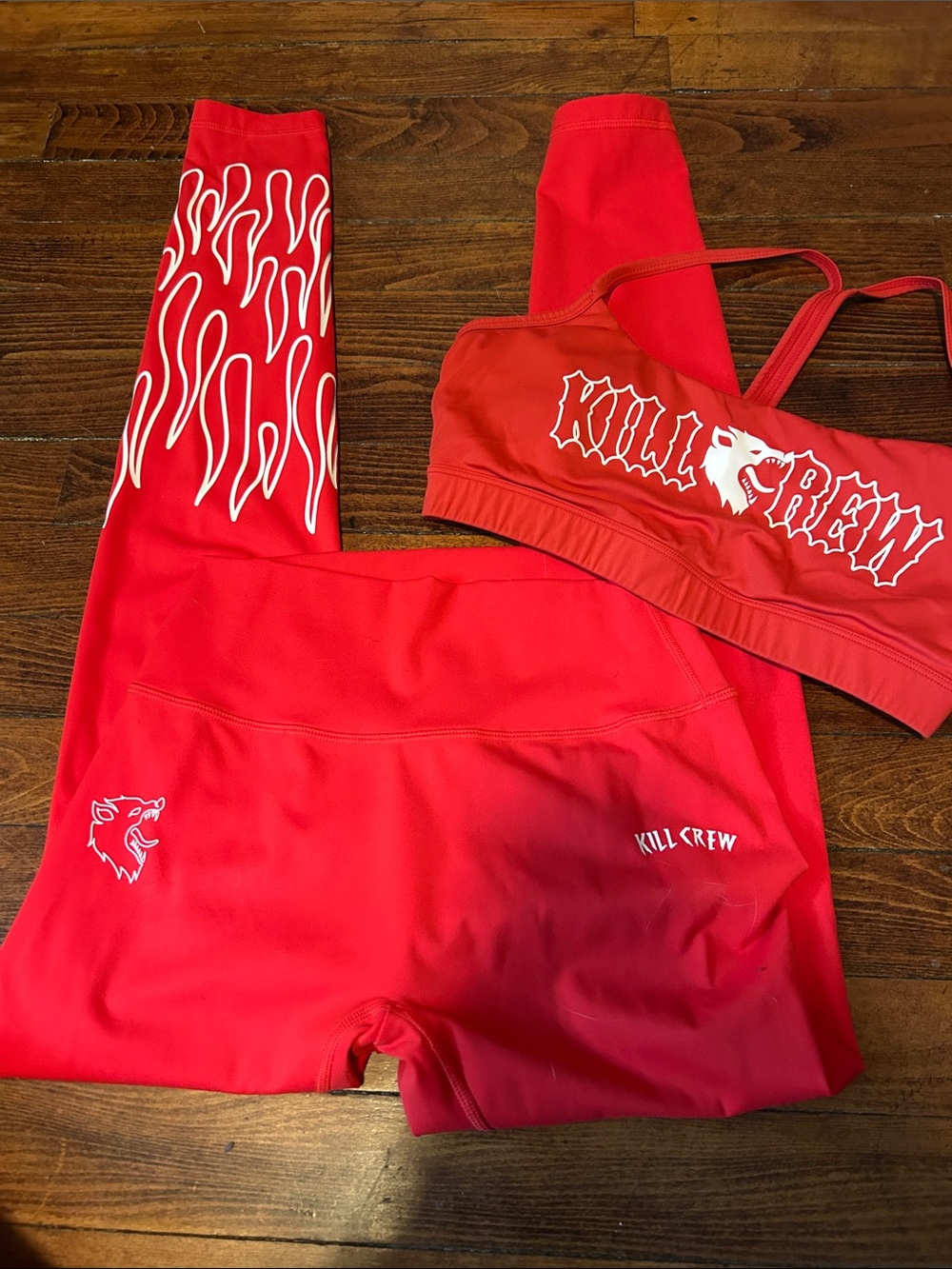 Kill Crew Red Sports Bra & Legging Set with White Flame Accents